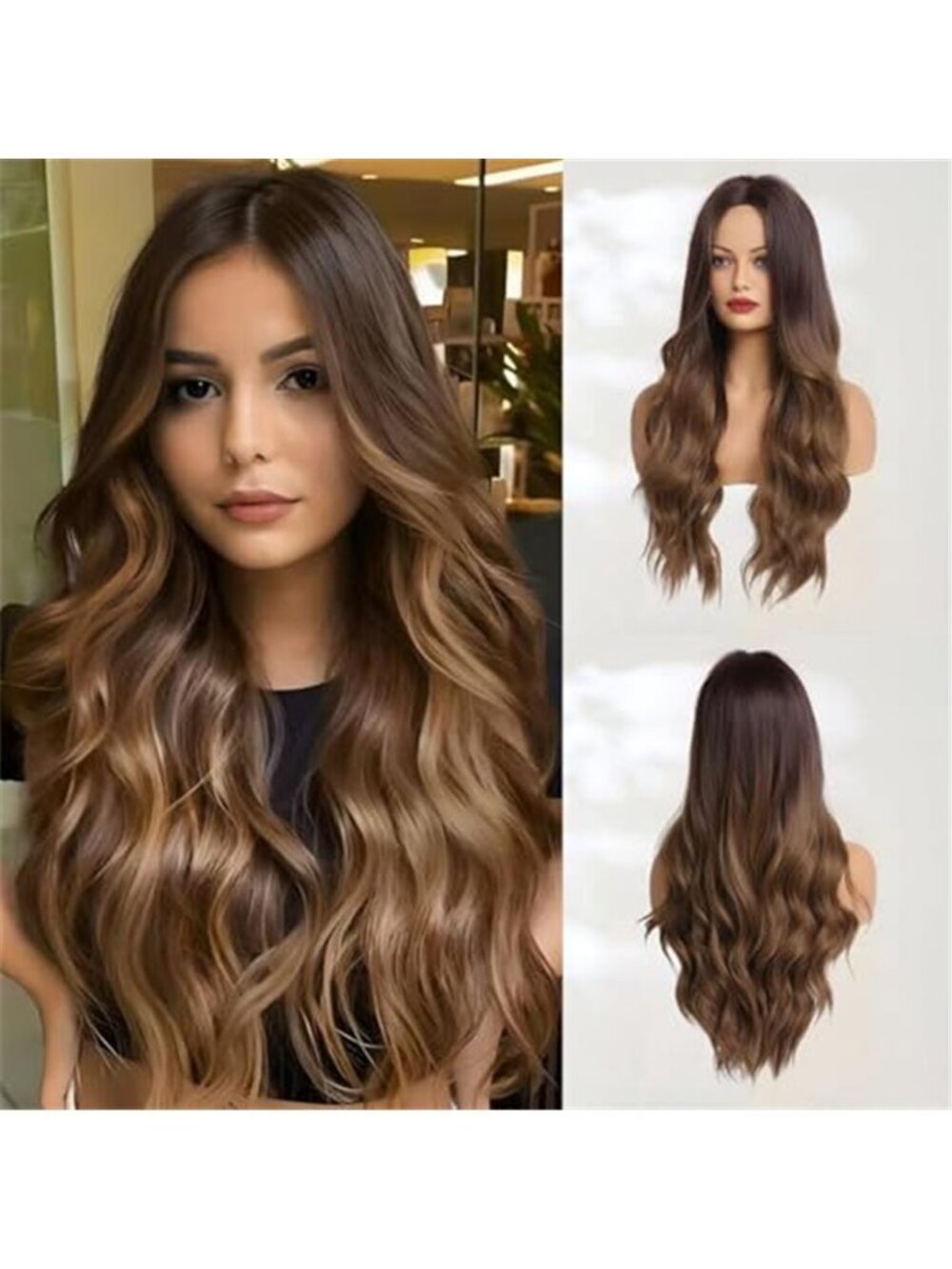 26 Inch Long Ombre Brown Wavy Wigs for Women Middle Part Synthetic Hair Wig
